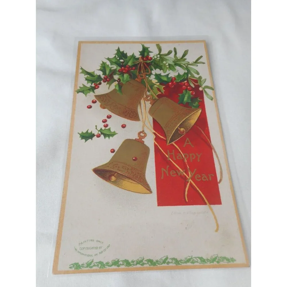 Vintage New Year's Postcard unposted used Bells Holly Embossed Ellen Clapsaddle